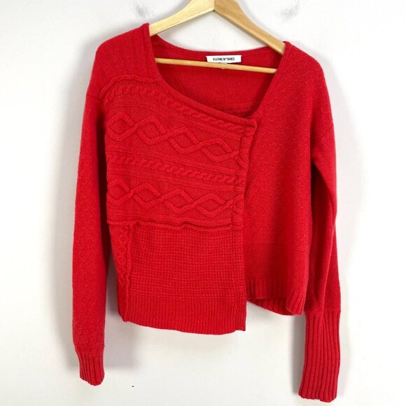 Elizabeth and James Cable Knit Asymmetrical Cardigan Sweater Red Snap Up Knit - Picture 1 of 12